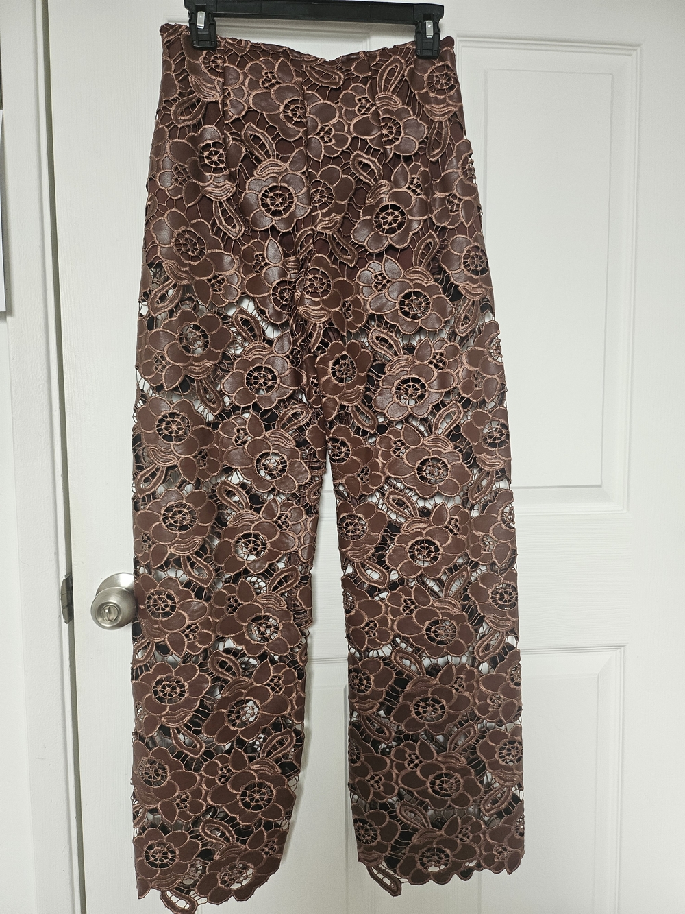 Anthropologie Brown Floral Lace Vegan leather Wide-Leg Pants - Picture 2 of 4